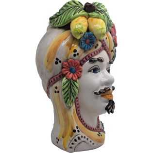 Teste di Moro decorate in Giallo e Bordeaux con Limoni e Fiori - Ceramica di Caltagirone