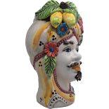 Teste di Moro decorate in Giallo e Bordeaux con Limoni e Fiori - Ceramica di Caltagirone
