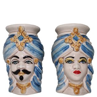 Moor's Heads Coclea Line with Gold and Blue Reflections - Original Caltagirone Ceramic 13 cm