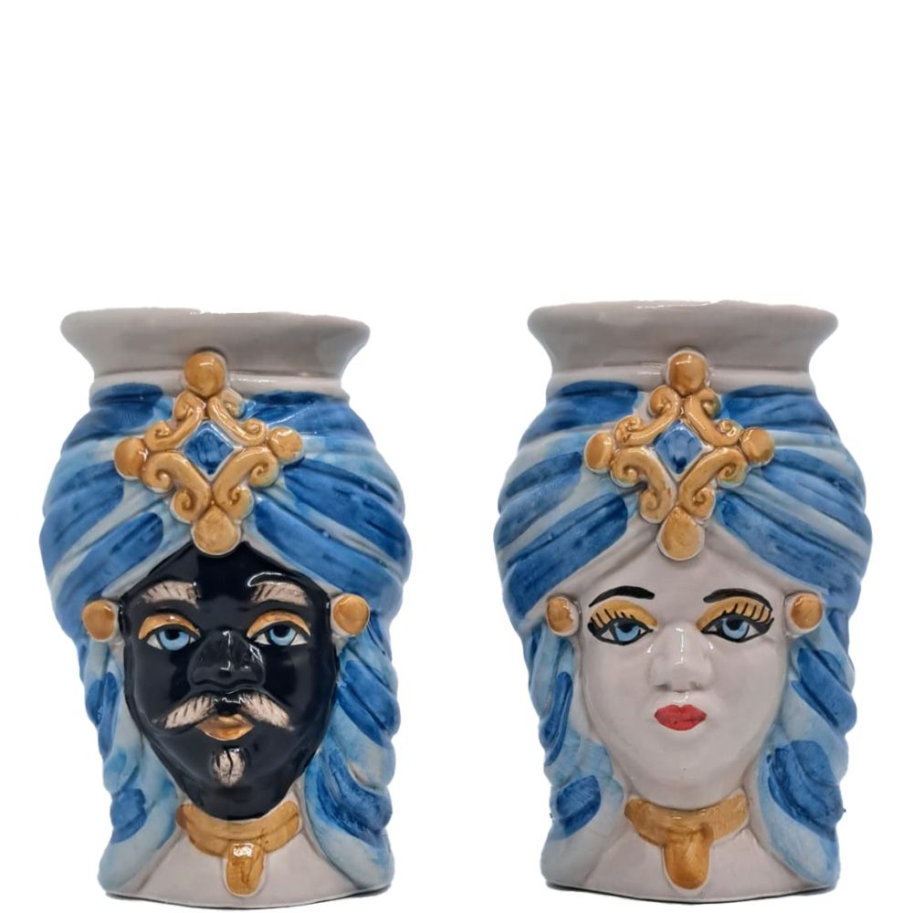 Piccole Teste di Moro con Uomo Moro in Azzurro e Oro - Ceramiche di Caltagirone