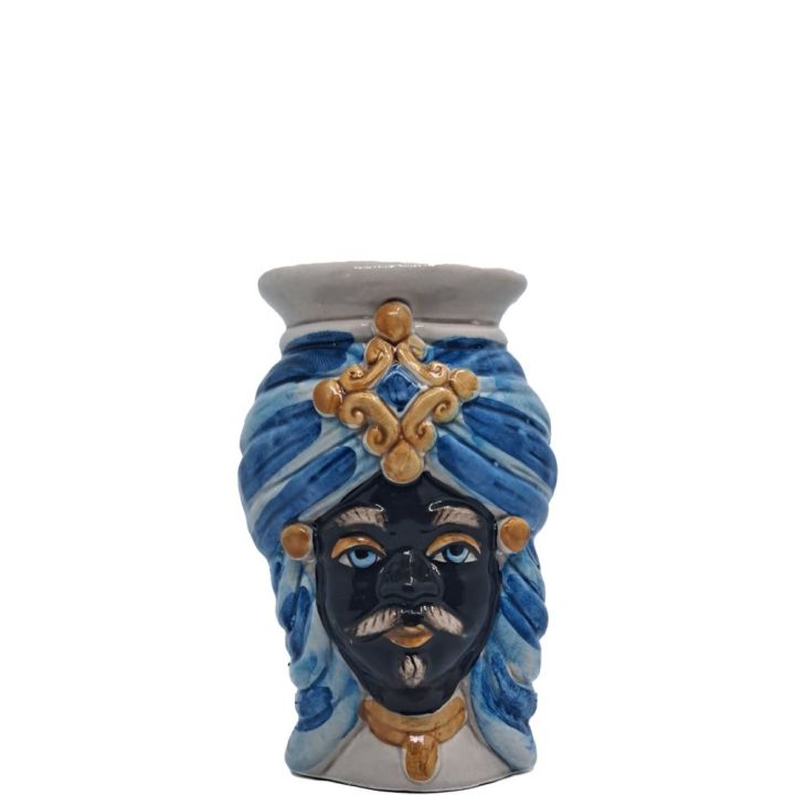 Small Moorish Heads with Moorish Man in Blue and Gold - Caltagirone Ceramics