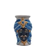 Piccole Teste di Moro con Uomo Moro in Azzurro e Oro - Ceramiche di Caltagirone