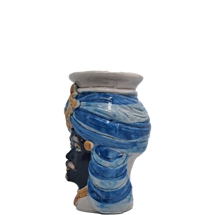 Small Moorish Heads with Moorish Man in Blue and Gold - Caltagirone Ceramics