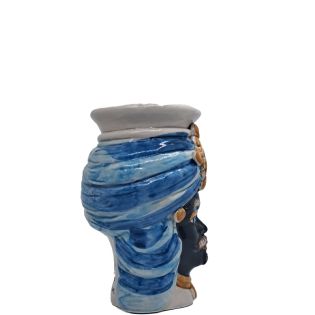 Piccole Teste di Moro con Uomo Moro in Azzurro e Oro - Ceramiche di Caltagirone