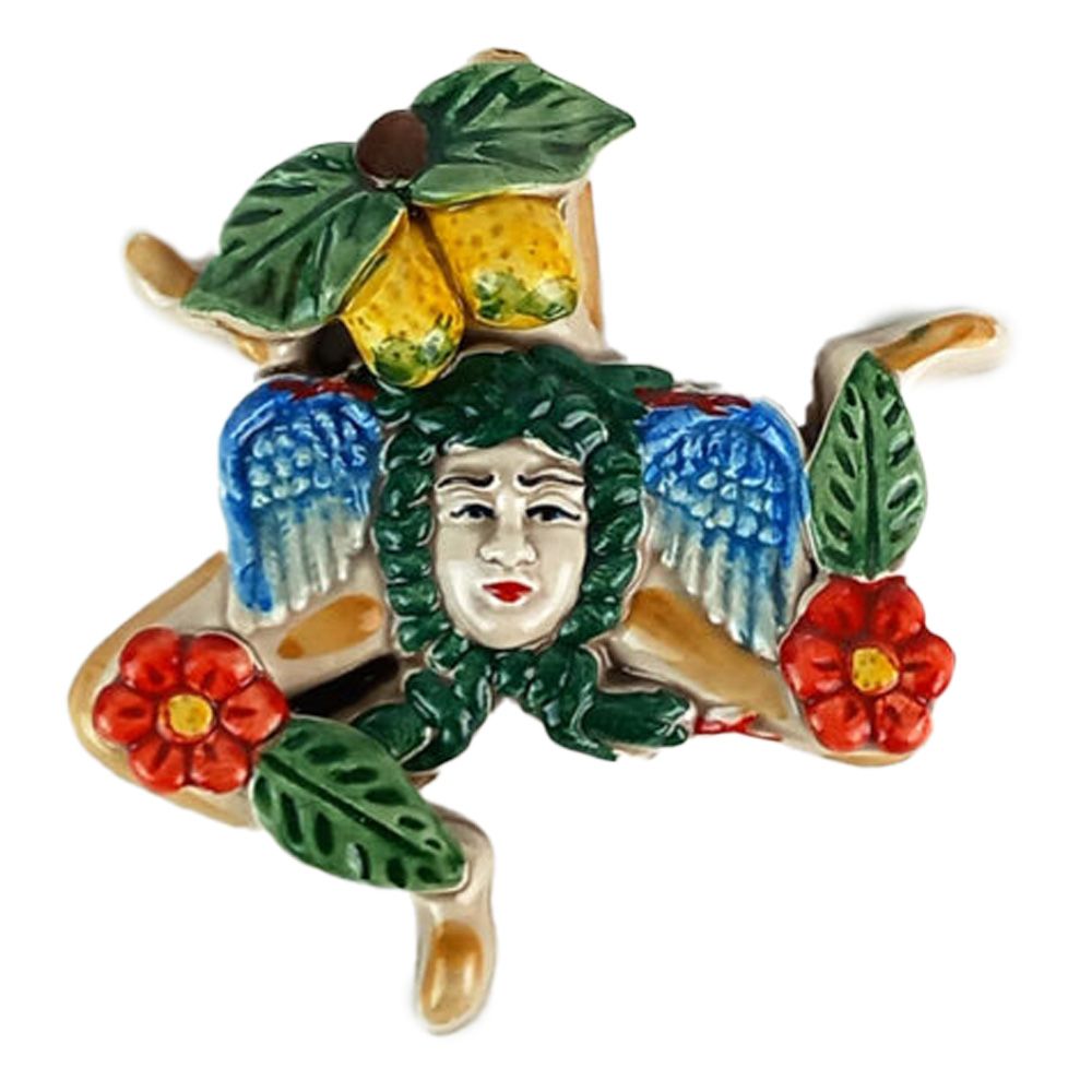 Trinacria fatta a mano in Ceramica Siciliana decorata con Foglie e Limoni