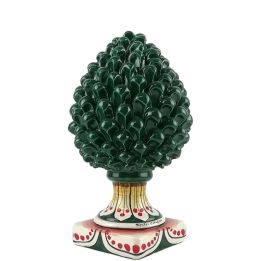 Pine cone decorated by hand in Green with decorated base in Sicilian Ceramics