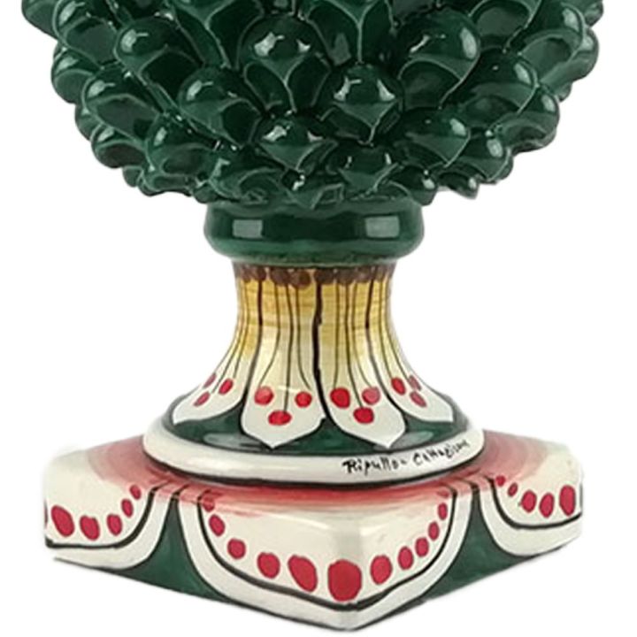 Pine cone decorated by hand in Green with decorated base in Sicilian Ceramics