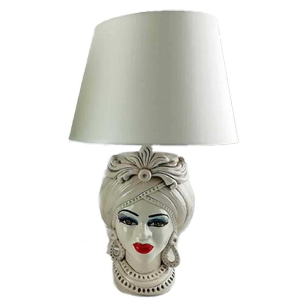 Moorish Head White Woman 30 cm with lamp - Caltagirone ceramics