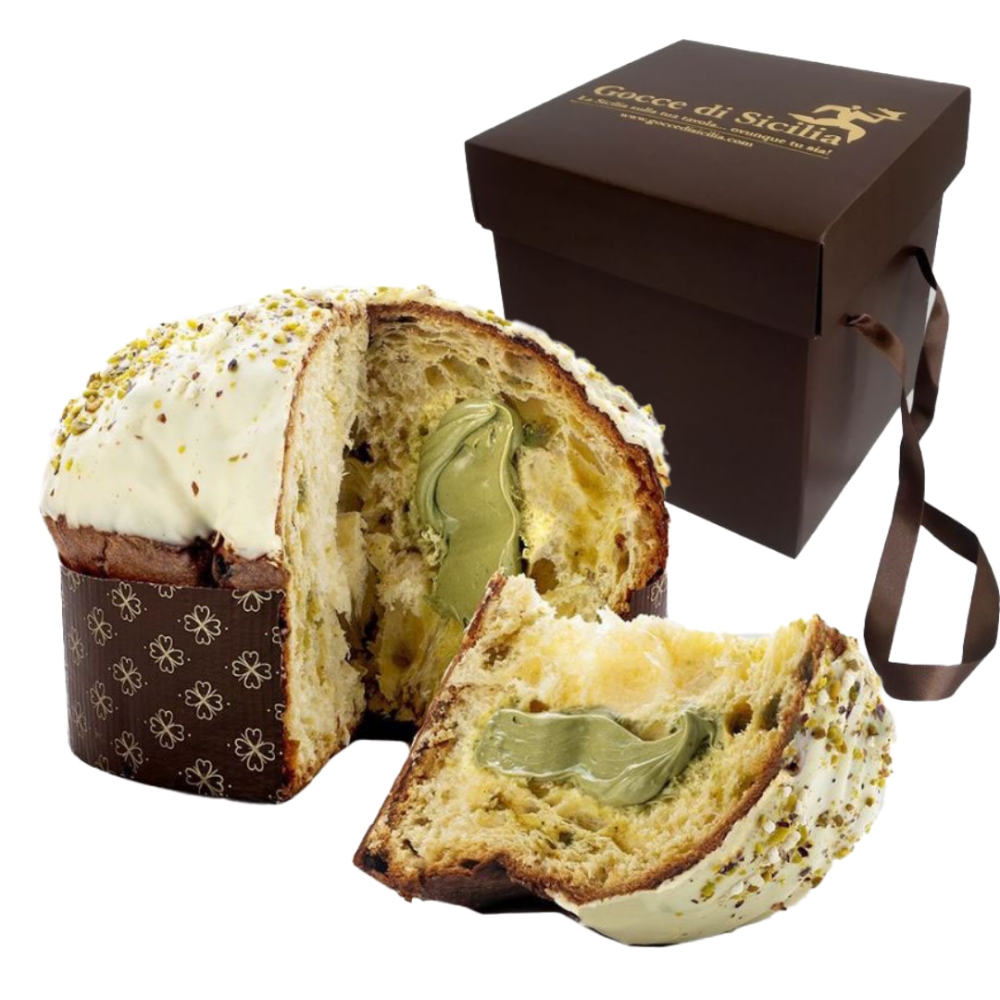 Artisan panettone filled with Pistachio cream, 750g. Gocce di Sicilia