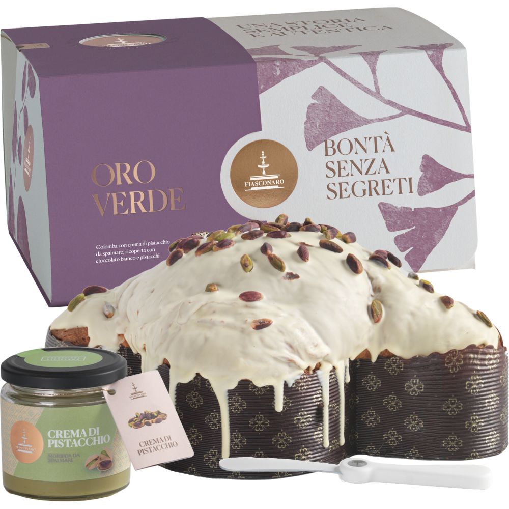 Colomba Oro Verde Fiasconaro, with 180 g jar of Pistachio cream