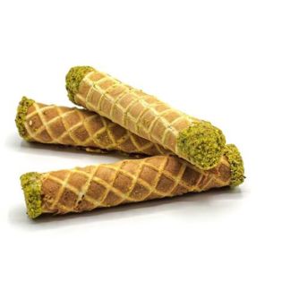 Pistachio Mini Roll, a soft Pistachio heart inside a crunchy wafer - Sofi