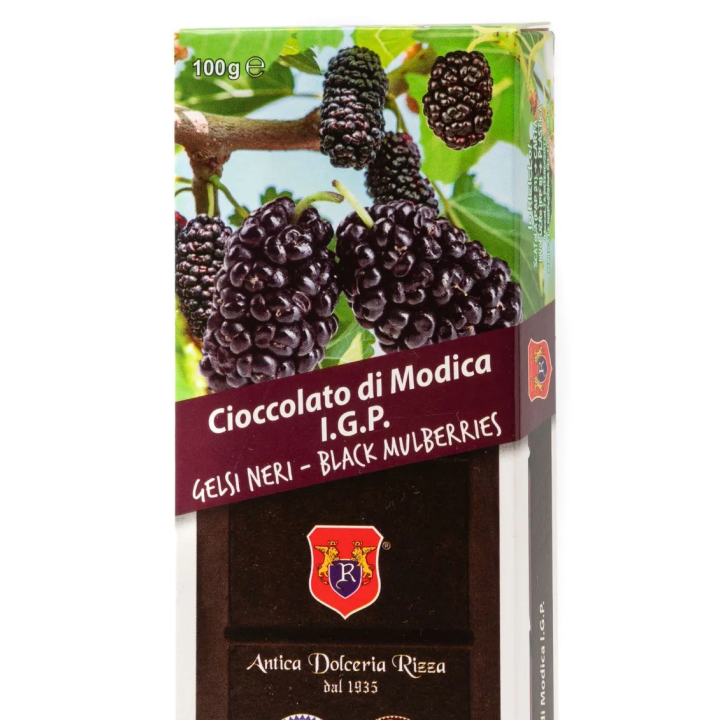 Modica IGP Chocolate with Black Mulberries - 100 gram bar.