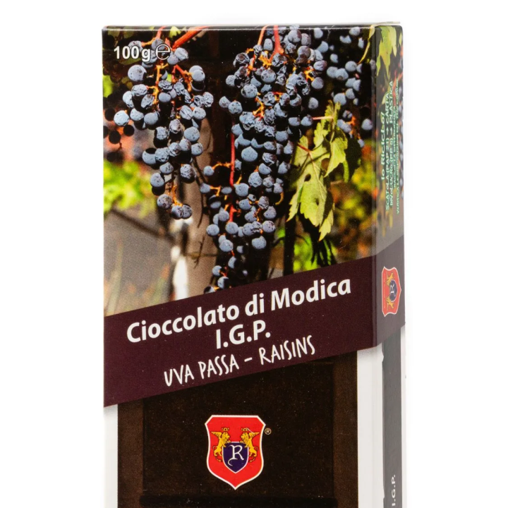Modica IGP Chocolate flavored with the Raisins - 100 gram bar.