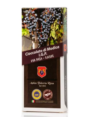 Modica IGP Chocolate flavored with the Raisins - 100 gram bar.