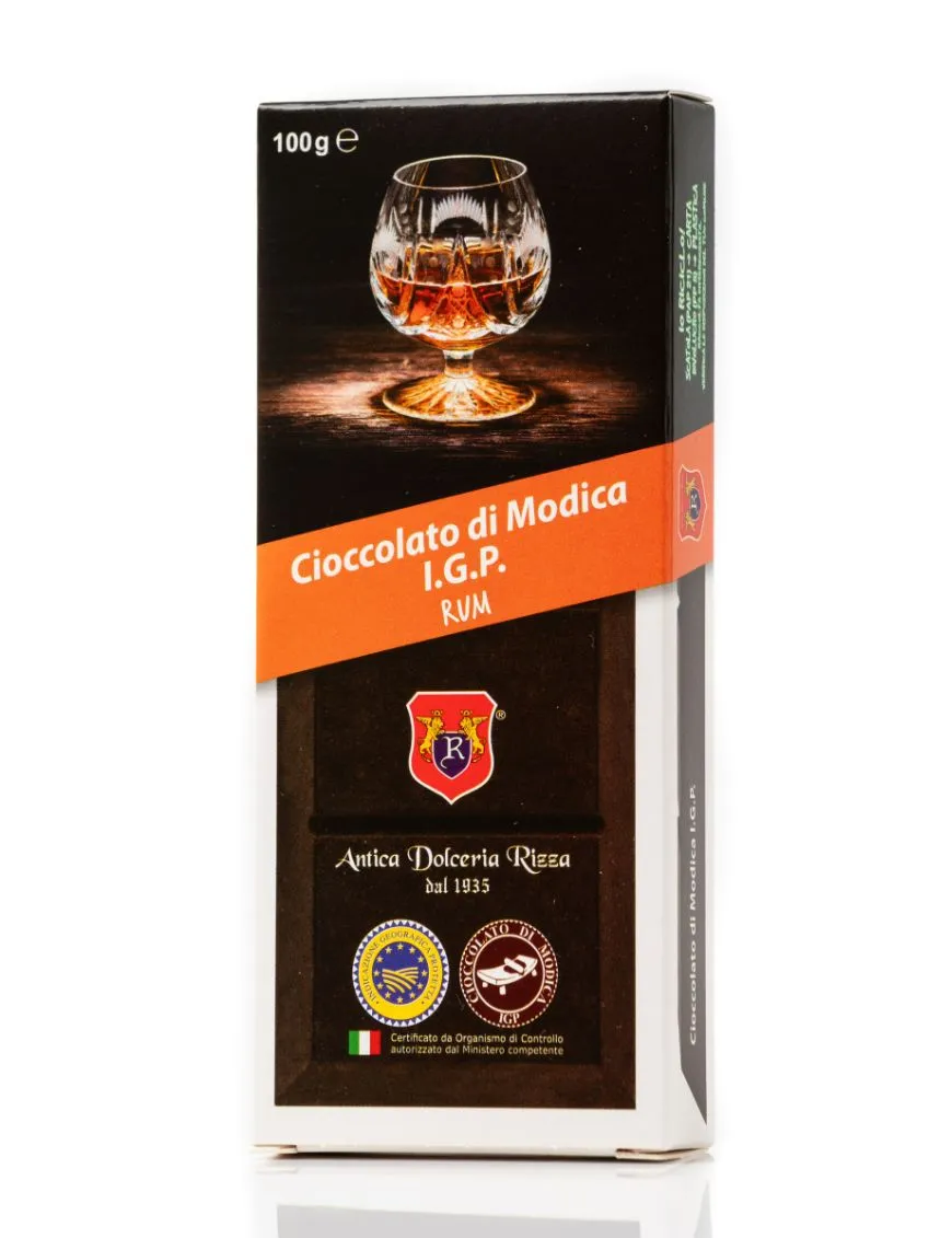 Modica IGP Chocolate flavored with Rum - 100 gram bar.