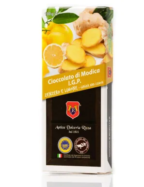 Modica IGP Chocolate flavored with Ginger and Lemon - 100 gram bar.