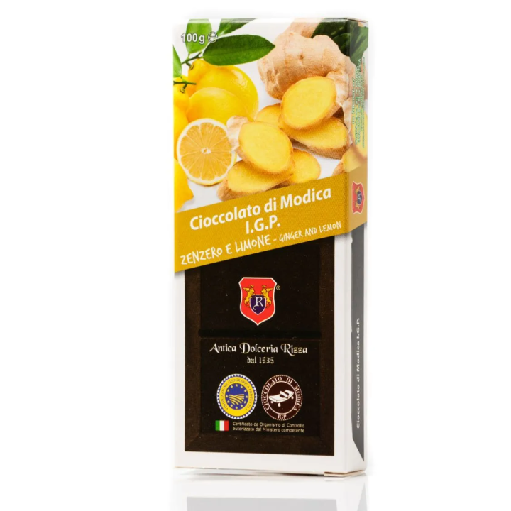 Modica IGP Chocolate flavored with Ginger and Lemon - 100 gram bar.