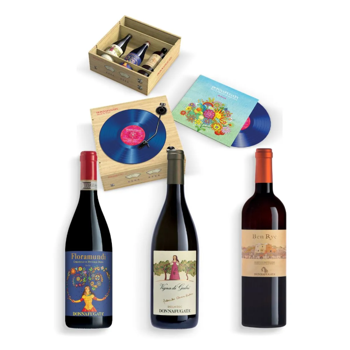 Music &Wine cassetta in legno contenente un Vinile e 3 bottiglie Donnafugata