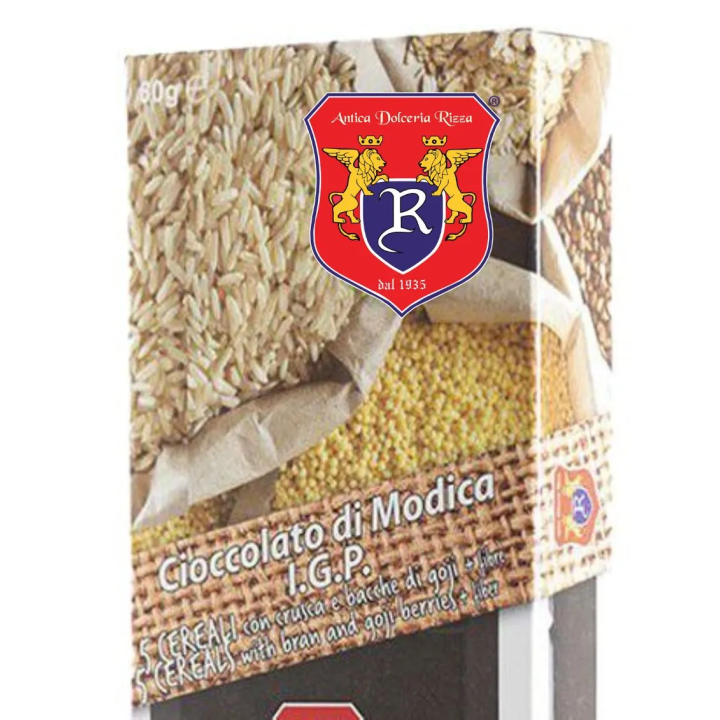 Cioccolato di Modica I.G.P. ai 5 cereali aricchito da crusca e bacche di Goji.