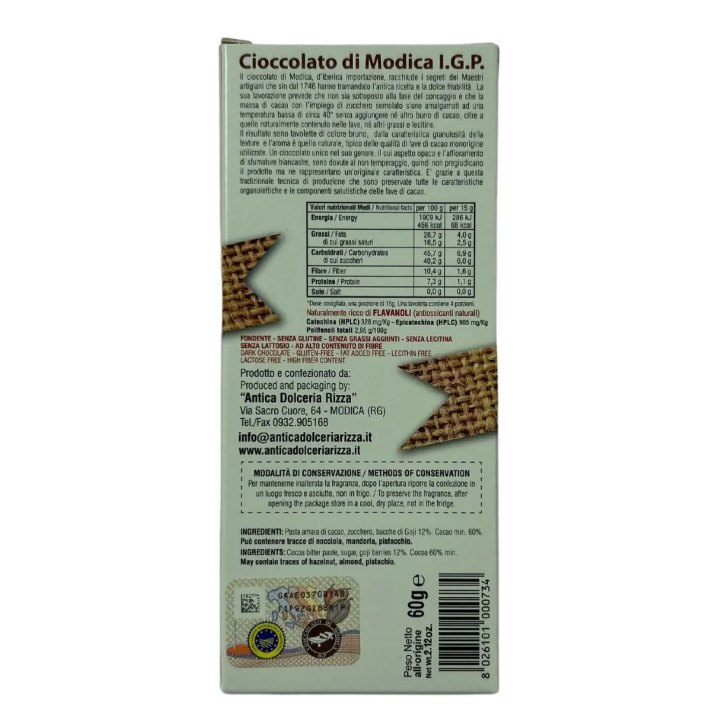 IGP Modica Chocolate with Goji Berries for sale on Gocce di Sicilia